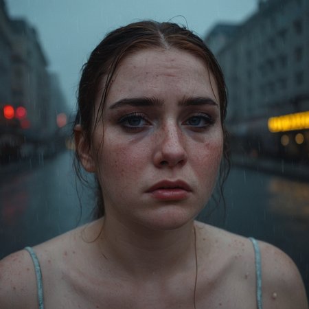 beautiful lady, slightly overweight, realistic, sad, crying, desperate, broken heart, tears, __Eyecolor__ eyes, extremely wet __Haircolor__ hair, ((dark makeup)), hyperdetailed photography, soft light, head and shoulders portrait, freckles:0.1, cover, soft light, gray wet city background, soft __Neoncolors__ neon signs on the distance