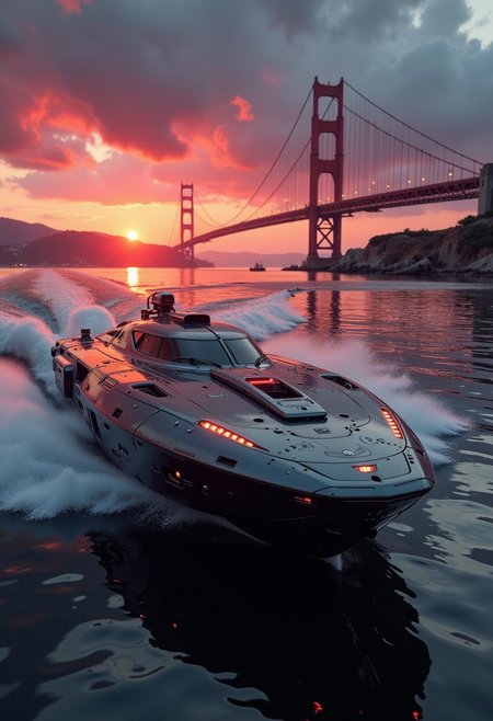 in the style of ck-mgs, A digital artwork in the style of cknc, a_skynet_cyberdyne_craft, the image is featuring a futuristic, highly advanced speedboat moving rapidly up an estuary with a large suspension bridge. The hull is made of a dark gunmetal alloy and the hull is a flat wedge-shape with a square front, the cockpit shows glowing led lights, and has a large air intake.  Stormy, red-hued sky, sunset