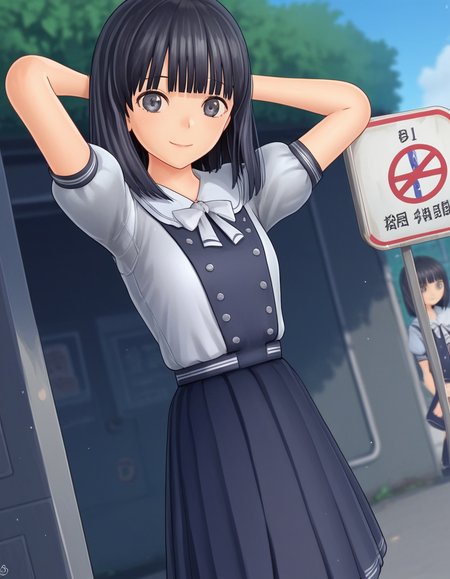 score_9, score_8_up, score_7_up, source_anime, <lora:rinze-himenogi-ingame-ponyxl-lora-nochekaiser:1>, rinze himenogi, bangs, black hair, blunt bangs, black eyes, 3d, skirt, dress, school uniform, short sleeves, puffy sleeves, black dress,, bus stop, waiting, commuter, smartphone, checking time, cold morning, smile, , hands behind head,, solo,, dutch angle,