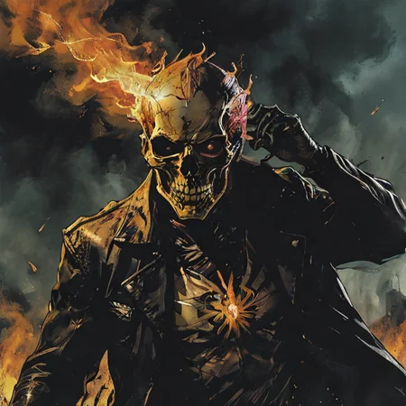 Ghost Rider breathing fire  SimplePositiveXLv2 <lora:Dark_Novel:0.7>