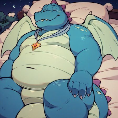score_9, score_8_up, score_7_up, score_6_up, score_5_up, score_4_up, ord, dragon, blue skin, light green wings, light green belly, chubby, fat, furry, purple spikes, necklace, night, sleeping on bed, sleeping