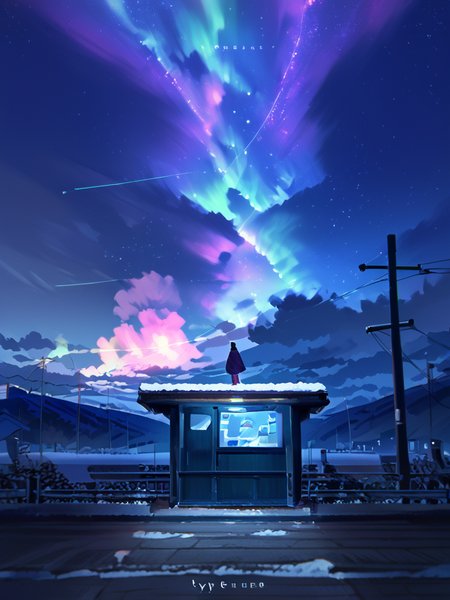 PDXL, <lora:AenuaV1:1>, a3nua, 
1girl, standing on top of a snowy hill, watching northern lights, aurora, night, night sky