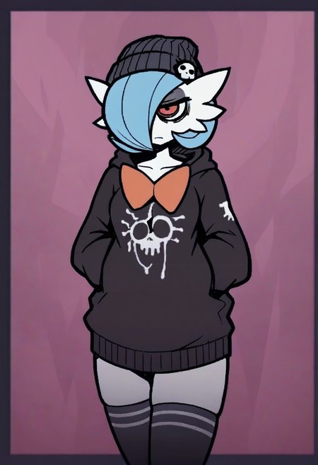 Masterpiece, best quality, aesthetic, high resolution, 1girl, anthro, solo, female, Mega Gardevoir, emo, dark eyeshadow, orange eyes, blue hair, ponyatil, dark eye circles, black hoodie, bottomless, beanie, thighhighs, Vanripper