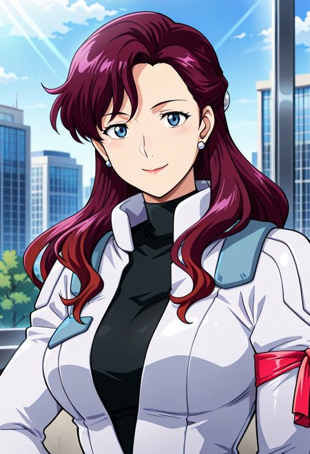 ((masterpiece, absurdres)), best quality, amazing quality, newest, 4k, anime coloring, very aesthetic, ray tracing, Smooth Quality, CG,city view,Junko, 1 mature female, purple hair, long hair, ear accessory, blue eyes, smile ,pilotsuit, turtleneck t-shirt, arm ribbon ,upper body