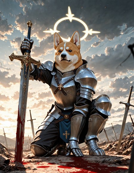 embedding:IllusP0s
,anthropomorphic corgi knight, corgi head, on one knee, planted sword, holding sword, plate armor, scowl, v-shaped eyebrows
,cloudy, godrays, sunshine, riverbank background, holy halo
,wide shot, depth of field, realism, no humans, animal focus,  corpses,covered in blood, battlefield