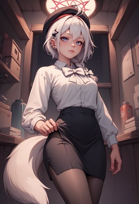 score_9, score_8_up, score_7_up, score_6_up, score_5_up, score_4_up, rating_explicit,  BREAK,  <lora:fubukiXL-10:0.75> fubukicasual, white shirt, white bow, beret, black skirt, black pantyhose, white hair, single side braid, ahoge, piercing, fox tail, pentagram dorsiflexion