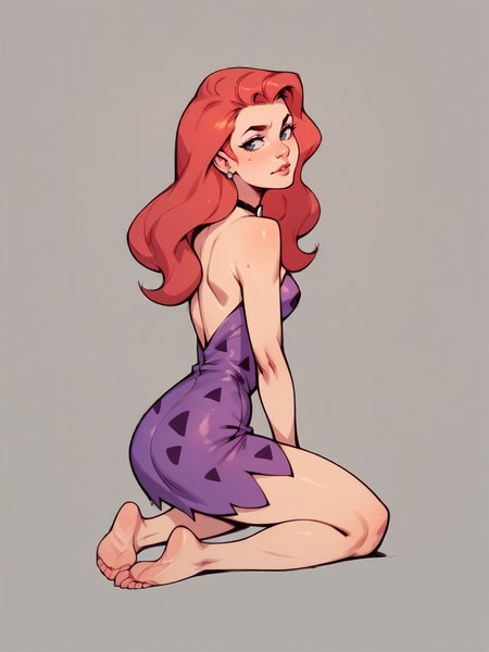 score_9, score_8_up, score_7_up, score_6_up, score_5_up,   <lora:AnnMargrockXLP2:0.8> ann margrock, 1girl, red hair, long hair, solo, barefoot, purple dress, kneeling