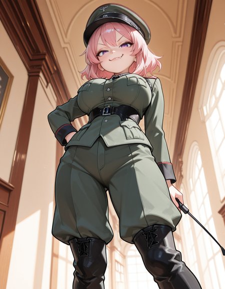 masterpiece, best quality, from below, solo, CivChan, purple eyes, pink hair,
girl standing, german military_uniform, big breasts, hat, riding_crop, pants, long boots,
smug, fang_out,
hallway,
<segment:head,0.35,0.5//cid=11>CivChan, purple eyes, pink hair, smug, fang_out, (masterpiece, best quality, realistic, amazing quality, very aesthetic, absurdres, ultra detailed face, ultra detailed eyes), ,