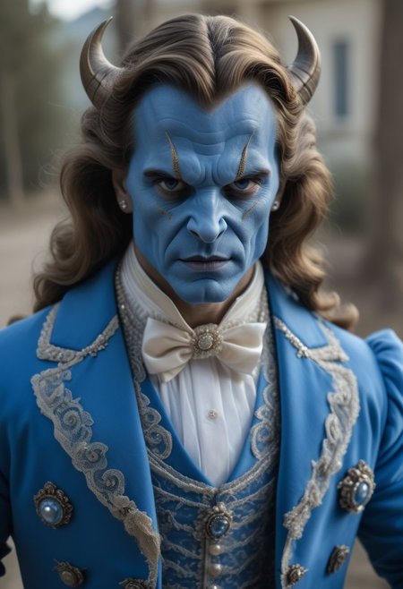 Raw photo, original style, very detailed face features,  TheBeast, elegant blue costume