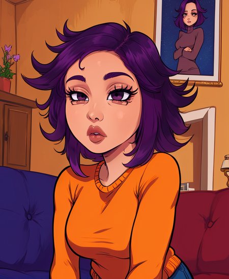 Paula,short purple hair,(black eyes:1.2),lips,bored,dark skin,
orange sweater,blue pants,
solo,standing,
home,living room,
(insanely detailed, beautiful detailed face,beautiful detailed eyes, masterpiece, best quality:1.2),<lora:PaulaSmall:0.8>,
