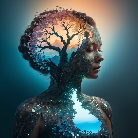 (Double exposure:1.3) photo of a noble lady made of mosaic of iridescent crystal glass with sub scattering mirror surface imposing onto transparent tree hollow trunk in living brocade underbust dress made out of flowers, bokeh sky by Conrad Roset, Brandon Kidwell, Andreas Lie, Dan Mountford, Dan Witz, Agnes Cecile, Jeremy Mann, fine art, super dramatic moonshine, silhouette photoillustration, amazing depth, intricate detailed fine cracked surface, stunning atmosphere, mesmerizing whimsical vibrant scenery, complex masterwork by head of prompt engineering <lora:Double_Exposure:0.8>