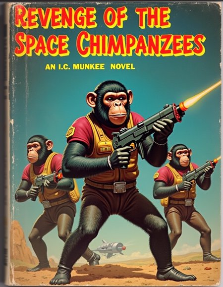 A vintage science fiction book cover titled "Revenge of the Space Chimpanzees". Scifi setting with chimps holding laser guns and wearing futuristic monkey suits. Text at bottom says "An I. C. Munkee Novel".
