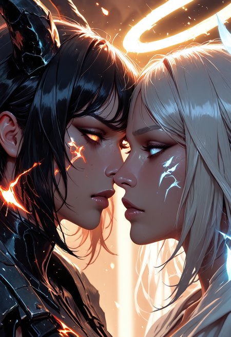 (masterpiece), (best quality), (8k), 2girls, angel and demon, intense stare-down, tension, glowing eyes, magical aura, emissive lighting effects, cinematic lighting, golden hour glow, divine vs infernal contrast, glowing halo above angel, broken or burning halo above demon, floating sparks, glowing tattoos or markings, glowing feathers vs shadowy wings, ambient light particles, symmetrical composition, high detail, soft shadows and light contrast, dramatic environment, detailed armor and flowing cloth, mystical energy in air,

add detail, sharp focus, real skin, realistic, facial detail, detailed face, 

