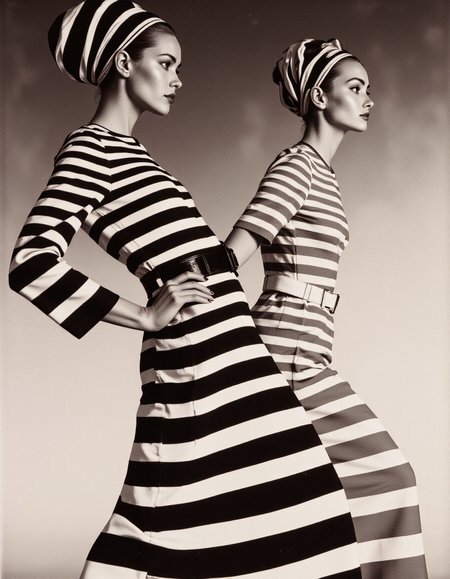 A highly detailed and artistic image but in vibrant colors. The image features two fashion models standing back to back, both wearing matching striped outfits. The outfits consist of long-sleeved, high-necked dresses with bold horizontal black and white stripes, cinched at the waist with wide black belts. The models also wear matching striped headbands that complement their dresses. One model is facing the camera with a confident expression, while the other is looking away, showing her profile. The background is simple and uncluttered, allowing the focus to remain on the models and their outfits. The overall mood is stylish and retro, capturing the essence of 1960s high fashion with vivid, eye-catching colors, 1960s, fashion shoot, extravagant, colorful outfit, beautiful model <lora:FLUX.1-DEV_-_Wild_1960s_Fashions_LoRA:0.8>, aidmaMJ6.1 <lora:aidmaMJ6.1v0.4:0.6>,  <lora:Luminous_Shadowscape:0.6>