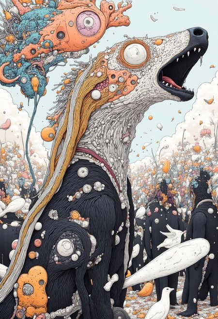 A vibrant and emotional close-up illustration of the Shadows Country, where everything is black and white. The environment is surreal—battlefields where savage hordes led by ruthless mythological creatures clash.. The drawing technique is warm and hand-drawn, using delicate ink outlines and soft watercolor washes to evoke the charm of a children's book illustration, while the framing emphasizes vibrant natural light emphasized by small touches of neon colors