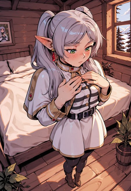 score_9, score_8_up, score_7_up, masterpiece, best quality, very aesthetic, detailed face, (dynamic:1.2), stylized, illustration, dynamic pose,  <lora:SousouNoFrieren_Frieren_IlluXL:1> grey hair, long hair, green eyes, twintails, parted bangs, earrings, pointy ears, FrierenCasual, striped shirt, white capelet, black belt, white skirt, long sleeves, black pantyhose, nsfw, small breasts, hands on own chest, in the style of cksc, incoth, (incase:0.5), perspective, full body, bedroom,  <lora:incoth:0.3> <lora:ck-shadow-circuit-IL:0.5>,  <lora:TrendCraft_The_Peoples_Style_Detailer-v2.3I-4_16_2025-Illustrious:0.3>,  <lora:Smooth_Booster_v3:0.2>,  <lora:rias_gremory_ilxl_v1:1>, cozy cabin, wood cabin, window, plants, bed, subtle blush, looking at own breasts, looking down, standing, jealousy, envy, sweat drop