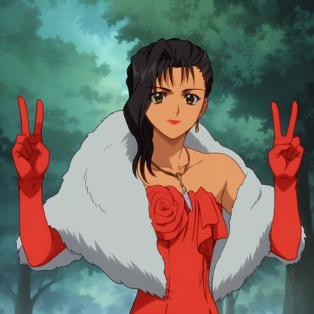 Ugly score_9_up, score_8_up, score_7_up, BREAK, FemaleKai, 1girl, solo, black hair, long hair, brown eyes, lipstick, necklace, feather boa, red dress, red gloves, cowboy shot,  <lora:FemaleKai_PXL_Leaf1:1>, forest, looking at viewer, anime screenshot, double v,