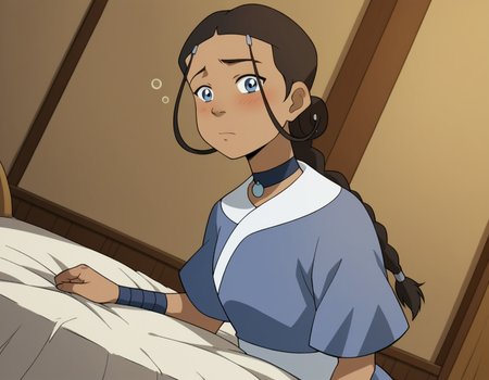 score_9, score_8_up, score_7_up, source_anime, <lora:katara-book2-ponyxl-lora-nochekaiser:1>, katara, long hair, blue eyes, brown hair, black hair, hair ornament, hairclip, braid, single braid, braided ponytail, dark skin, dark-skinned female, choker, short sleeves, robe, blue robe, sash,, indoors, bed, bed room, on side, blush, drunk, looking at viewer, solo, cowboy shot, dutch angle