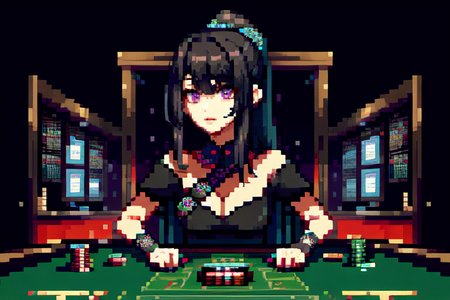 highly insanely detailed, masterpiece, top quality, best quality, highres, 4k, 8k, RAW photo, (very aesthetic, beautiful and aesthetic),  
(code_style,codestyle),english text,japanese text,traditional chinese text,(sympattern,geometric pattern), 
<lora:CodeStyle (half generic class)_564920:1>, 
(1girl:1.3), 1other, 
casino,gambling,set in Gambling Den,casino table,betting ticket,cheating \(competitive\),money,dice,card,chip,house_of_cards,bills,neon purple background,neon black background,(neon color background),âââ