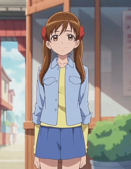 score_9, score_8_up, score_7_up,anime screencap,1girl,solo,sakagamiayumi,  skirt, looking at viewer,  smile, blue skirt, long sleeves,yellow shirt,blue jacket, medium breasts,cowboy shot<lora:sakagamiayumi:0.8>