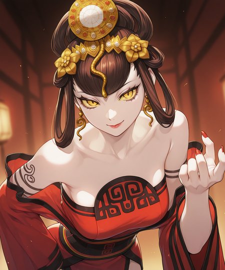 1girl, NWHairstyle, NWOutfit,
general, solo, perspective, dynamic angle, upper body,
pale skin, brown hair, hair rings, blunt bangs,
yellow eyes, eyelashes, eyeshadow,
lipstick, yellow sclera, large breasts,
chinese clothes,
headdress, gold earrings, red dress, strapless, wide sleeves, 
arm tattoo, sash,
looking at viewer, smile,
leaning forward, pose, beckoning,
depth of field,
<lora:kp_NuwaShinMegamiTenseiIllustrious_v1_0:1.0>,
masterpiece, best quality, amazing quality