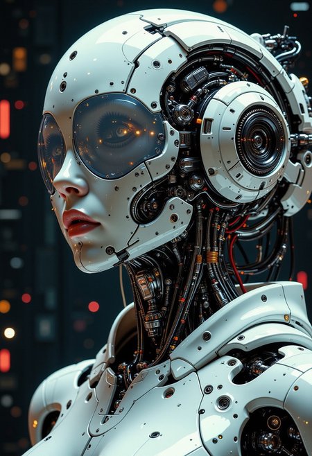 A digital artwork in the style of cknc,  in the style of ck-ncr, high-end cyborg female battle robot, white ceramic material, full transparent glass head with mechanical parts visible inside, looking at viewer, mechanical eyes, dark abstract background