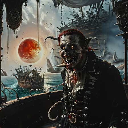 ghost pirate captain with a hook for a hand, looking over the bow of a pirate ship, looking at the ocean, wide grin, menacing expression, masterpiece, high res, 8k, intricate detail on pirate ship, grim, dark, evil, scary, horror, gritty, sharp teeth, evil eyes, night sky, red sun, grimace, blood everywhere, entrails, gore