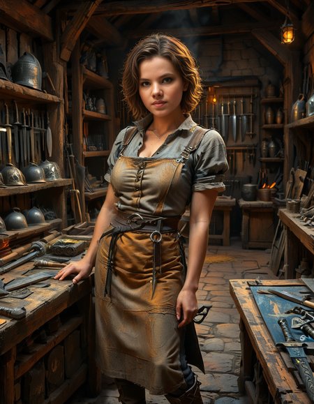 looking at viewer,(A strong and elegant female,1girl,short brown hair,medium breasts:1.3), blacksmith standing confidently in her medieval forge shop,medieval f0rg3 sh0p. She has a determined expression on her face, with soot and ash lightly marking her skin. She is wearing a thick leather apron with scorch marks, a rolled-up linen shirt underneath, and sturdy boots. Her muscular arms are visible, showing the strength of her craft. The background shows a dimly lit, rustic workshop filled with medieval tools: an anvil, a glowing furnace, hanging tongs, and shelves lined with metallic objects like swords and horseshoes. The warm orange glow of the fire contrasts beautifully with the dark, shadowy corners of the shop. The atmosphere is filled with details of realism, evoking a sense of hard work and medieval craftsmanship.<lora:SDXLFaeTastic2400:0.4> <lora:extremely_detailed:0.4> extremely detailed, <lora:medieval_f0rg3_sh0p:1>, Masterpiece,best quality,hi res,8k,hi res,8k,award winning,(sharp focus, intricate, highly detailed),