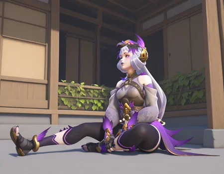 Masterpiece, high-res, 2k, best quality, 2.5d, 1girl,   yatagarasukiriko, kiriko (overwatch) <lora:yatagarasu_kiri_illus-000046:1> Sitting cross-legged on the floor looking away, Idyllic vineyard with rows of grapevines and a sunset backdrop