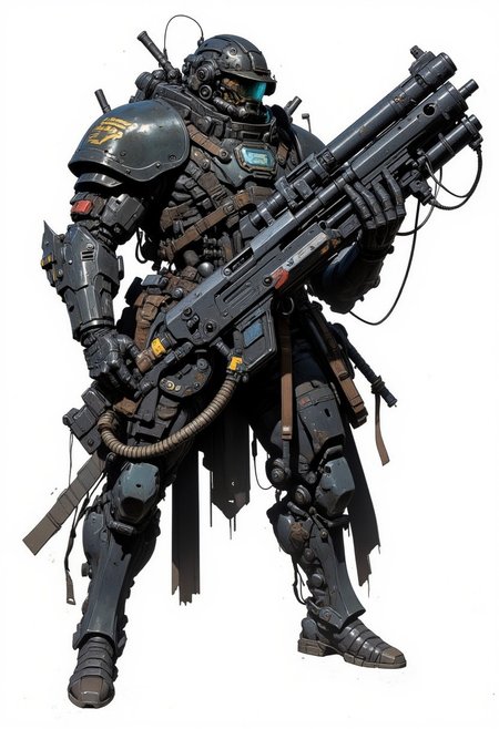 A heavily armored warrior in futuristic black power armor stands confidently, wielding a massive gatling gun with intricate details. The armor is bulky, with reinforced plating, large shoulder pads, and complex mechanical joints. The helmet has a visor and multiple metallic elements, giving the character a rugged, battle-hardened look. The gatling gun features a drum magazine, with visible wiring and mechanical components, emphasizing its powerful nature. The character exudes strength and resilience, with an imposing and intimidating stance. Focus on the character only, with no background elements.