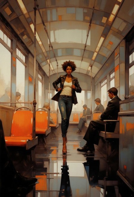 AquarelleIV. A painting of the interior of a surface transport bus, captured in a warm, golden hue that gives the scene a nostalgic and slightly vintage feel. front view of a slim adult black woman, Afro Hairdo, Black leather jacket white tank top t-shirt and jeans, running fast across low water towards the camera, She is running very fast in low water towards the viewer. The bus features a sleek, modern design with polished stainless steel walls and ceilings. The floor is a dark, reflective black material that mirrors the light fixtures and the passengers' reflections. The seats are bright orange plastic, with a smooth, glossy finish, and are arranged in rows along the walls. Each seat has a backrest and a handrail for support. The windows are large and rectangular, allowing natural light to flood the car. Some people is sitting in the background. On the walls, there are advertisements and informational posters. The ceiling is lined with fluorescent lights, casting a soft, even glow throughout the car.