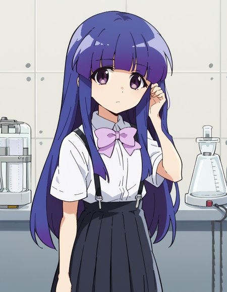 score_9, score_8_up, score_7_up, source_anime, <lora:rika-furude-s4-ponyxl-lora-nochekaiser:1>, rika furude, long hair, bangs, blue hair, purple eyes, blunt bangs, purple hair,, skirt, shirt, bow, school uniform, white shirt, short sleeves, pleated skirt, bowtie, black skirt, suspenders, pink bow, suspender skirt,, laboratory, beakers, microscope, scientist, experiments, , <lora:tucking-hair-ponyxl-lora-nochekaiser:1>, tucking hair, adjusting hair, hand on own hair, hair behind ear,, looking at viewer, solo,, dutch angle, cowboy shot