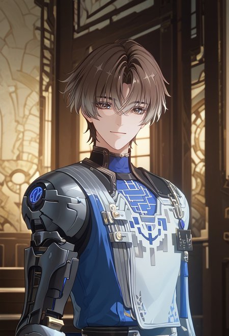 score_9, score_8_up, 1boy, solo, HD, details, high quality, rendered face, source_anime, good_hands.
((pale skin)), xiangliyao, gradient hair, brown hair, multicolored eyes, mechanical arm
Indoors, inside a high class mansion, looking at viewer, light smile