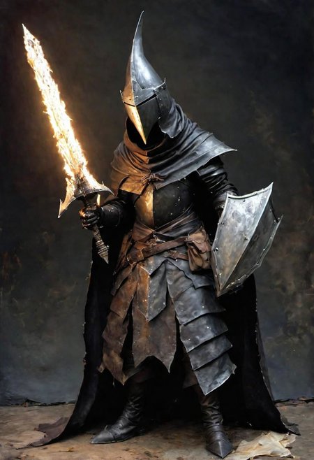 videogame art of profane (((Abyss Watchers)))
wearing (ragged, brigand, holding a giant metal flame shaped sword,  leather tunic, metal plates and cloth, pointy shaped helmet, sewn together), gothic, legion,  by Jean-Baptiste Monge and Nicola Samori, Nazgul from lord of the rings, coif leather, holding a parchment script scroll