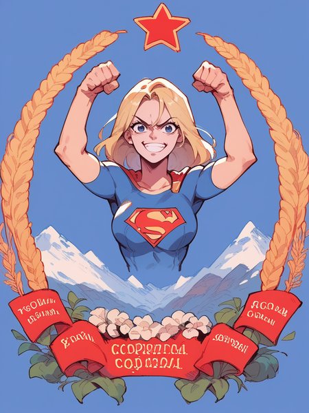 score_9,score_8_up,score_7_up,source_anime,1girl,<lora:waifu_soviet_emblem:1>,emblem,russian text,smile,looking at viewer,supergirl,spread arms,arms up,fist,mountain,simple background,blue background,long blonde hair,