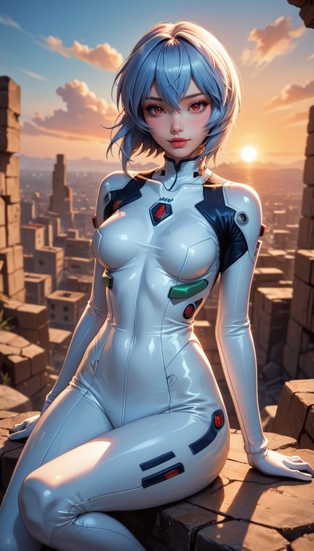 score_9, score_8_up, score_7_up, Full Body Shot, Ayanami Rei, cute, seductive, innocent, light smile:0.3, plump lips, slender body, red eyes, short light blue hair, floating hair, white plugsuit, sitting, sunset, rubble in the background, 4n1v3rs3, depth of field, dynamic angle, fashion photography, sharp, hyperdetailed:1.15