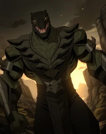 <lora:Reptile_(Mortal_Kombat_Legends_Scorpion's_Revenge)_(Illustrious)_(AD):1.35> Reptile_MK, muscular, Mortal Kombat, 
dutch angle, exterior, monumental architecture, wasteland, dark night sky with black clouds, mountains, ancient Asian stone ruins, 
male focus, gradient coloring, villain, cowboy shot, white teeth, 
BREAK very awe, aesthetically pleasing, masterpiece, best quality, amazing quality, very aesthetic, perfect depth of field shot, in'ei, source_furry, furry_art, 
Smooth Quality, lazympos, IllustQualXL_Pos,
