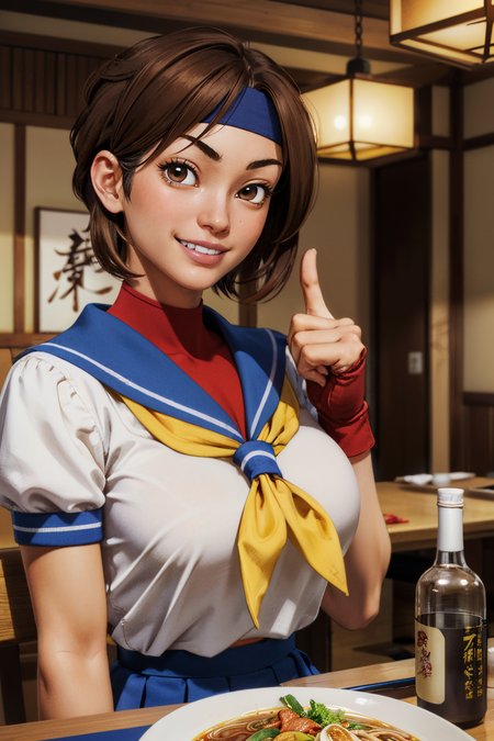 sakurasf5, short brown hair, brown eyes, white headband, white serafuku, shirt, red fingerless gloves, yellow neckerchief, blue skirt, looking at viewer, smiling, happy, teeth, 
sitting, inside a japanese restaurant, table full of food, ramen, bottle of sake, playful ambiance,  extreme detail, masterpiece,  <lora:sakuraSF5:.7>