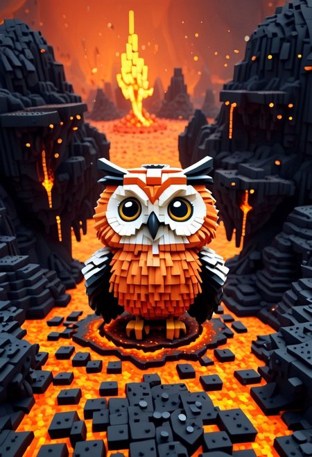 lazypos, flying bird owl in voxelized world, voxel explosion in background, funny theme, 4k, lava everywhere, cute, chibi, awww