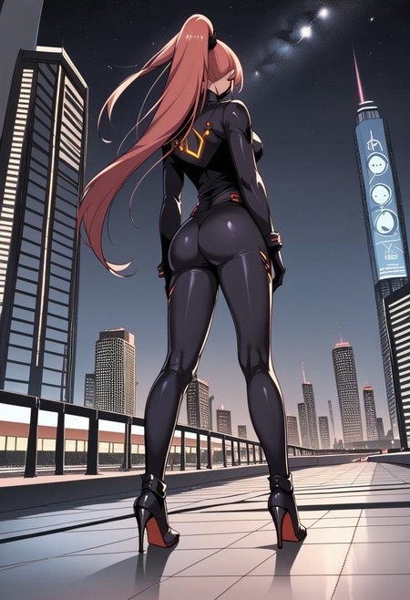 score_9, score_8_up, score_7_up, 1girl, night, dark, black sky, stars, city lights, science fiction, buildings, full body, distant shot, from behind, from below, poster perspective, skyscrapers on background, solo, cityscape, standing pose, dynamic pose, science fiction, outdoors, Black Cat super heroine, Feng Ling, orange hair, long hair, ponytail, black bodysuit, black heels, black gloves, looking at the sky, standing, black bodysuit, nice ass, Tokyo city, ultra detailed, masterpiece, <lora:add-detail-xl:1>, <lora:StS_PonyXL_Detail_Slider_v1.4_iteration_3:4>