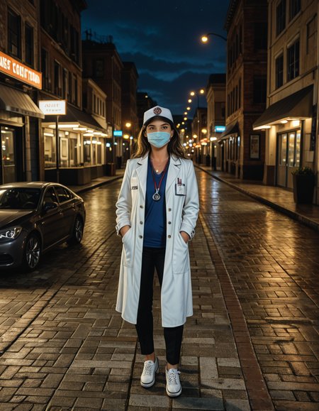 cowboy shot, looking at viewer,female_focus, medium close-up,,A woman wearing a White coat, stethoscope, trousers, mask, cap, badge, medical shoes ,stands confidently in a bustling city street at dusk. The streetlights cast a warm glow on the pavement, and neon signs flicker in the background. The personâs white gloves contrast sharply against the dark outfit, adding a touch of elegance. A light evening mist rises from the ground, creating a cinematic atmosphere. Pedestrians pass by, some glancing curiously at the well-dressed figure. The cityscape features modern and old architecture, blending tradition with contemporary urban life.
<lora:SDXLFaeTastic2400:0.4> <lora:extremely_detailed:0.4> extremely detailed, Masterpiece,best quality,hi res,8k,hi res,8k,award winning,(sharp focus, intricate, highly detailed),