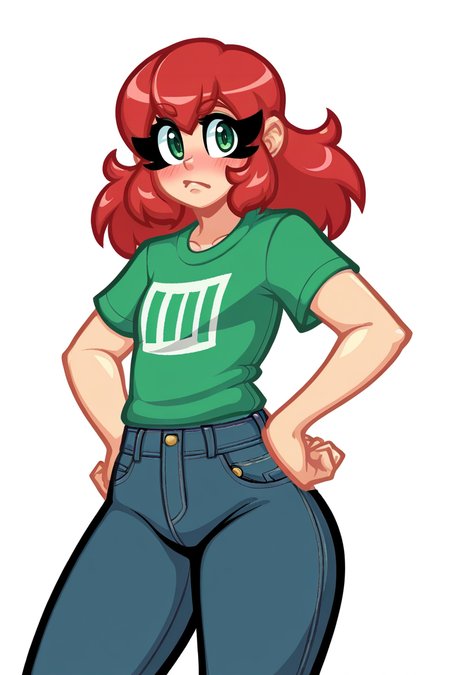 <lora:Rock-Candy:1>, score_9, score_8_up, score_7_up, score_6_up, score_5_up, rating_questionable, source cartoon
1girl, pretty face, pretty eyes, detailed eyes, HD eyes, thick thighs
hands on hips, standing, cowboy shot
looking at viewer, blush, eyebrows, long hair, red hair, green eyes jeans, green t-shirt, boots, high waisted jeans
simple background, white background