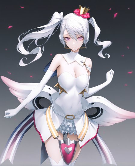 masterpiece,best quality,very aesthetic,absurdres, artist:gomzi,artist:wanke,
1girl,mu (caligula), gradient hair, pink eyes, asymmetrical twintails, mini crown, hair flower, behind-the-head headphones ,
elbow gloves, white gloves, strapless leotard, white leotard, white capelet, multicolored ribbon, low wings, gradient wings, white skirt, object in clothes, detached collar, belt, cleavage,
  <lora:tce-mu.noobaixl:1>