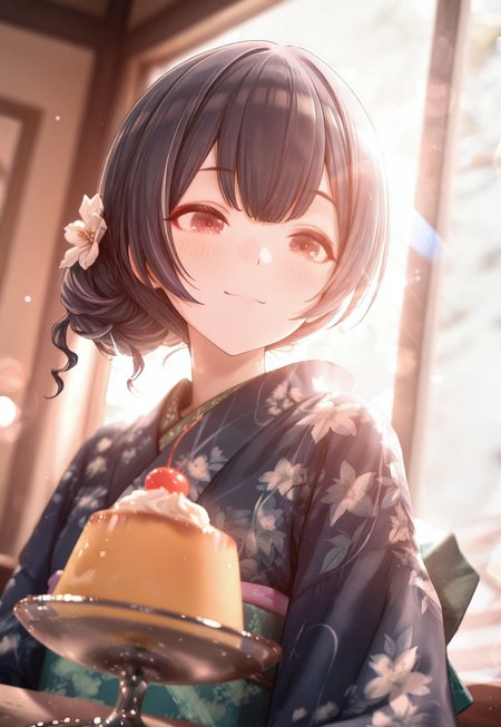 masterwork, masterpiece, best quality, very aesthetic, absurdres, newest, huge filesize, highres, very awa, detailed, year 2024, 1girl, solo, game_cg, idolmaster_shiny_colors, 
detailed eyes, 
makeup, thick eyebrows, eyeliner, eyeshadow, 
aarinze, red eyes, blue hair, single hair bun, rinzekimono, white hair flower, blue kimono, print kimono, floral print, green obi, obiage, obijime, 
(close-up:0.6), backlighting, bokeh, lens flare, 
blush, curvy, dutch angle, light smile, pudding, cherry, whipped cream, indoors, window, table, 