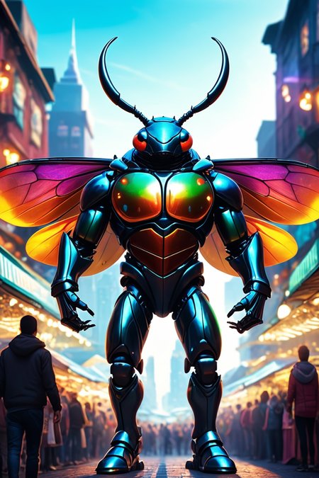 Detailed digital illustration of an anthro Beetle (Stretching arms out, open stance) at a Holographic skyline projections in crowded market, <lora:xl_more_art-full_v1:0.5>,  <lora:anthro_muscular:0.7>,  <lora:MJ52:0.6>, <lora:madpunk:0.4> madpunk