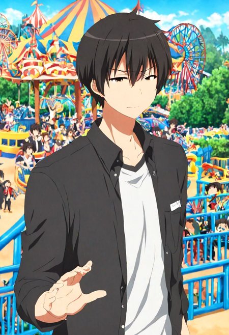 high resolution, solo, best quality, 1Boy, Kanie Seiya, Black Hair, Manager, theme park, OverallDetail