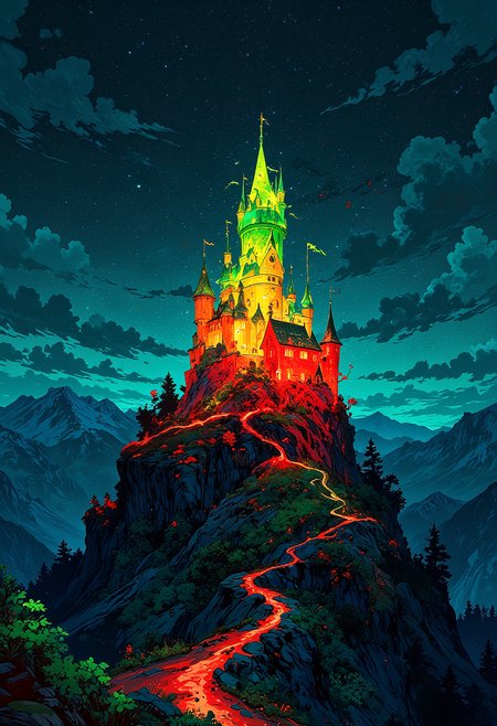 A layered image of landscape, A glowing castle with red bottom, a yellow middle, a green top, on a hill, in a vast night landscape