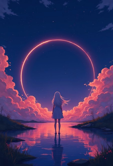 DB4RZ style painting  cinematic style, high quality, realism, chiaroscuro, still film, realism, This is a digital artwork in a stylized, anime-inspired art style. The scene depicts a serene night landscape with a large, eclipse dominating the sky. The circle is depicted with a violet hue, casting a warm glow across the scene. The sky is a deep, dark blue, scattered with small, twinkling stars and fluffy, pink and orange clouds that add a sense of depth and texture. Clean reflective surface ionosphere stratosphere. At the center of the image, a solitary female character stands facing the eclipse, with their back to the viewer. The girl is depicted in silhouette, wearing a short, light-colored flowing dress that contrasts sharply with the dark background. They have flowing long, white hair that blends seamlessly with the night sky. The figure is standing in shallow water, which reflects the glowing light and creates a mirror-like effect on the surface, enhancing the tranquil atmosphere. The overall color palette is dominated by deep blues, purples, and reds, creating a dreamlike and almost ethereal ambiance. The image evokes a sense of solitude and contemplation, with the circle as the focal point and the figure as a silent observer. The artwork captures a moment of quiet reflection under the night sky. <lora:Phlux:0.4> <lora:Pixel_Art_FLUX:-0.5> <lora:Relief_Art_for_Flux_-_by_Ethanar:0.5> <lora:amateurphotov2:0.5>