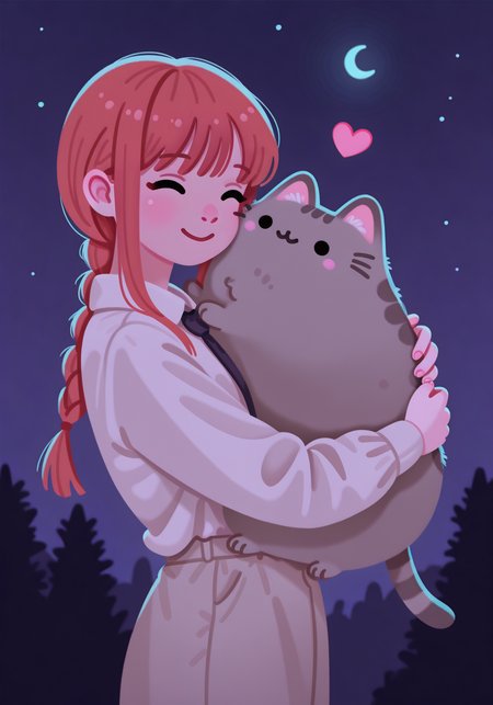 embedding:IllusP0s, pikaole, hugging Pusheen, hug, 1girl, solo, loving, smile, night, makima_\(chainsaw_man\)<lora:PusheenIXL.safetensors:1.0:1.0> <lora:pikaole_ill.safetensors:1:1>