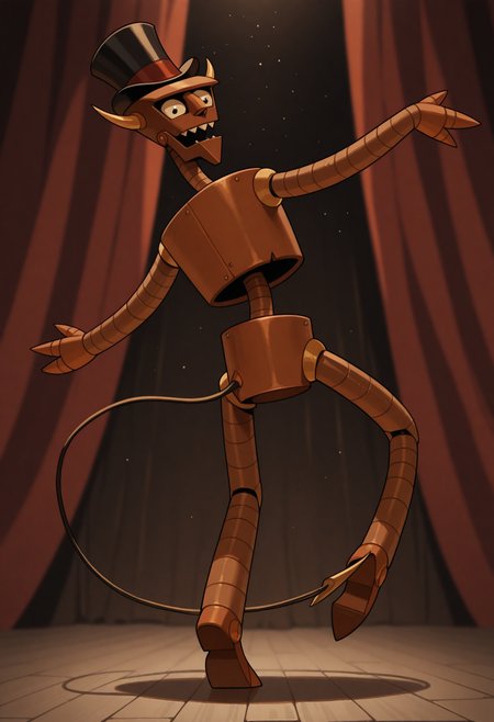 masterpiece, best quality, amazing quality, 1boy, solo,  b33lz3b0t, humanoid robot, hat, top hat, dancing, tail